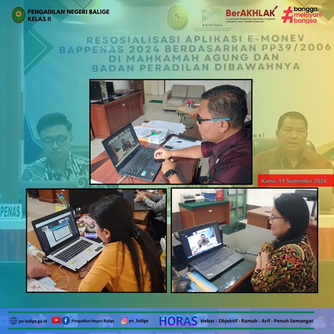 PENGADILAN NEGERI BALIGE MENGIKUTI RESOSIALISASI APLIKASI E-MONEV BAPPENAS 2024 SECARA DARING
