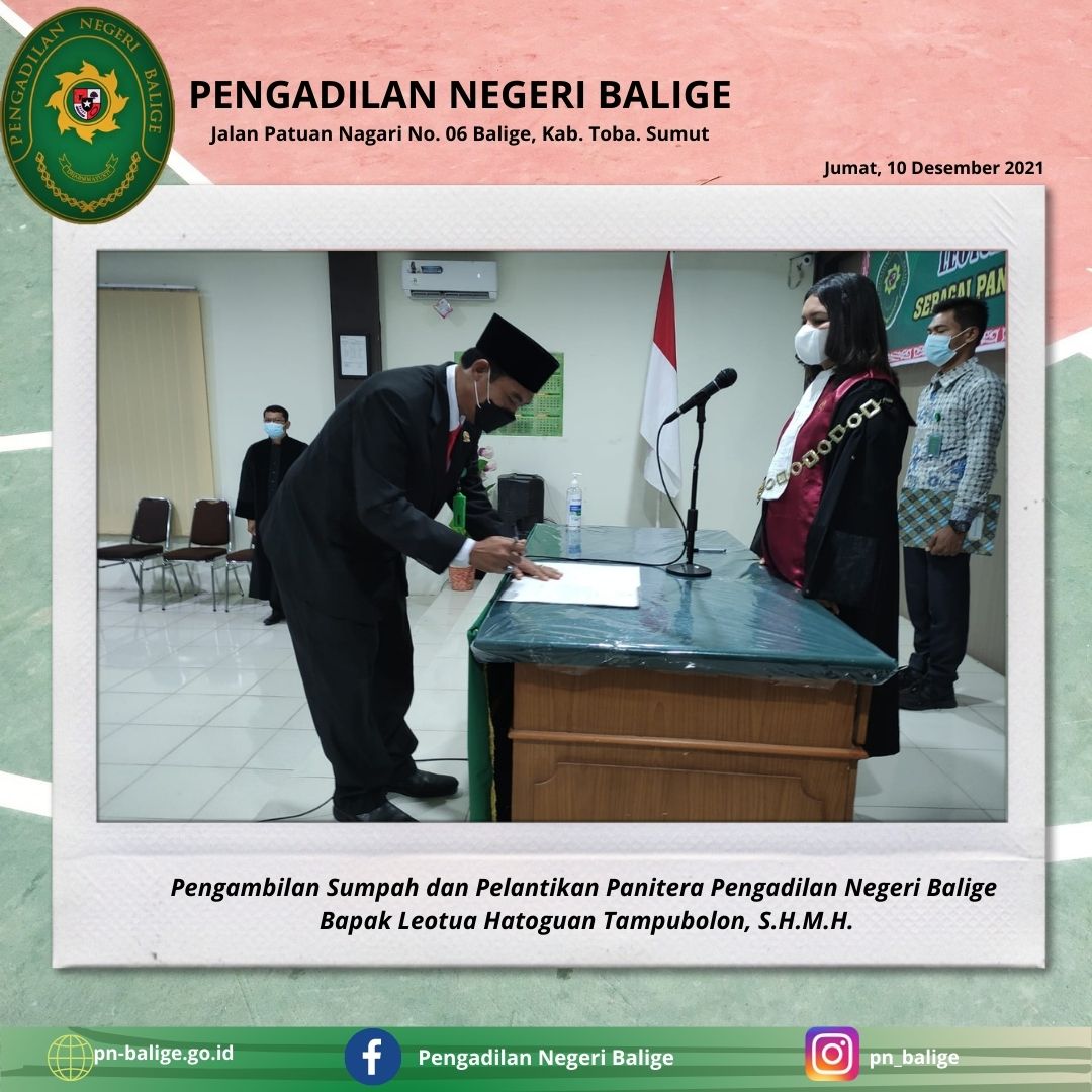 Pengambilan Sumpah dan Pelantikan Panitera Muda Pidana Pengadilan Negeri Balige Bapak Leotua Hatoguan Tampubolon, S.H.,M.H.