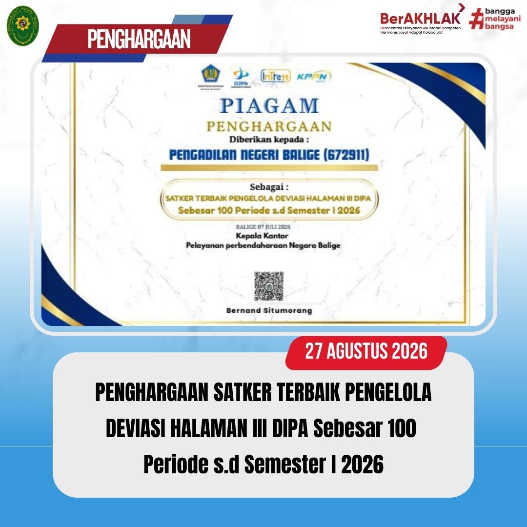 Penghargaan Satker Terbaik Pengelola Deviasi Hal III DIPA Semester I 2026